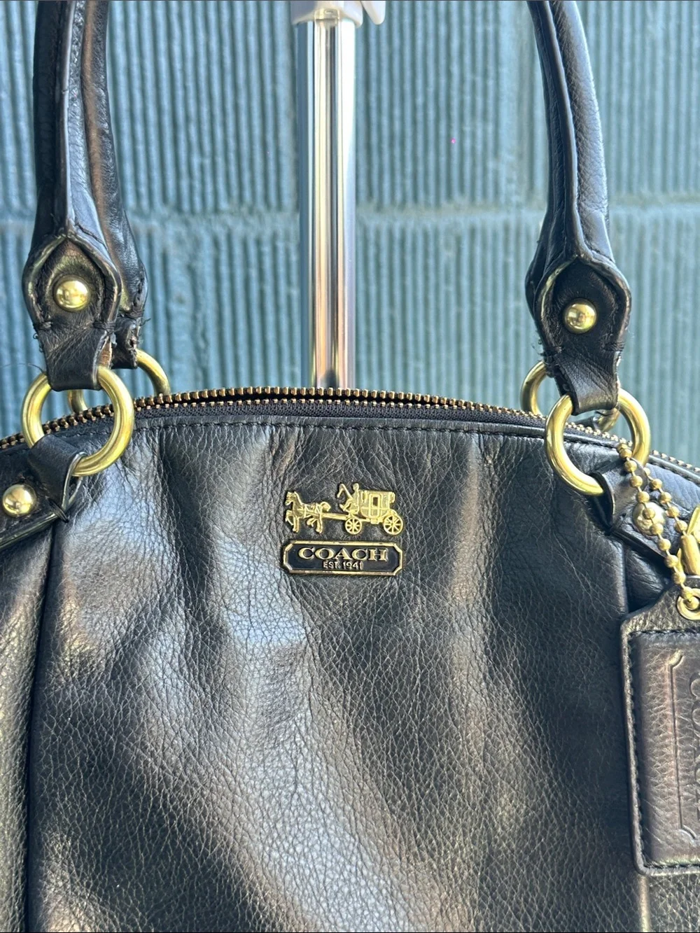 Coach Black Pebbled Leather Shoulder Bag with Gold Accents